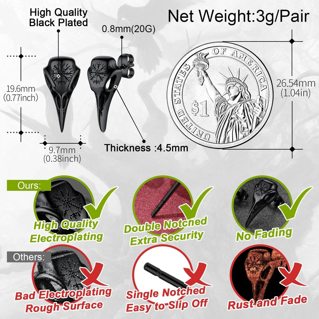 Viking Raven Skull Stud Earrings With Viking Vegvisir For Men Women