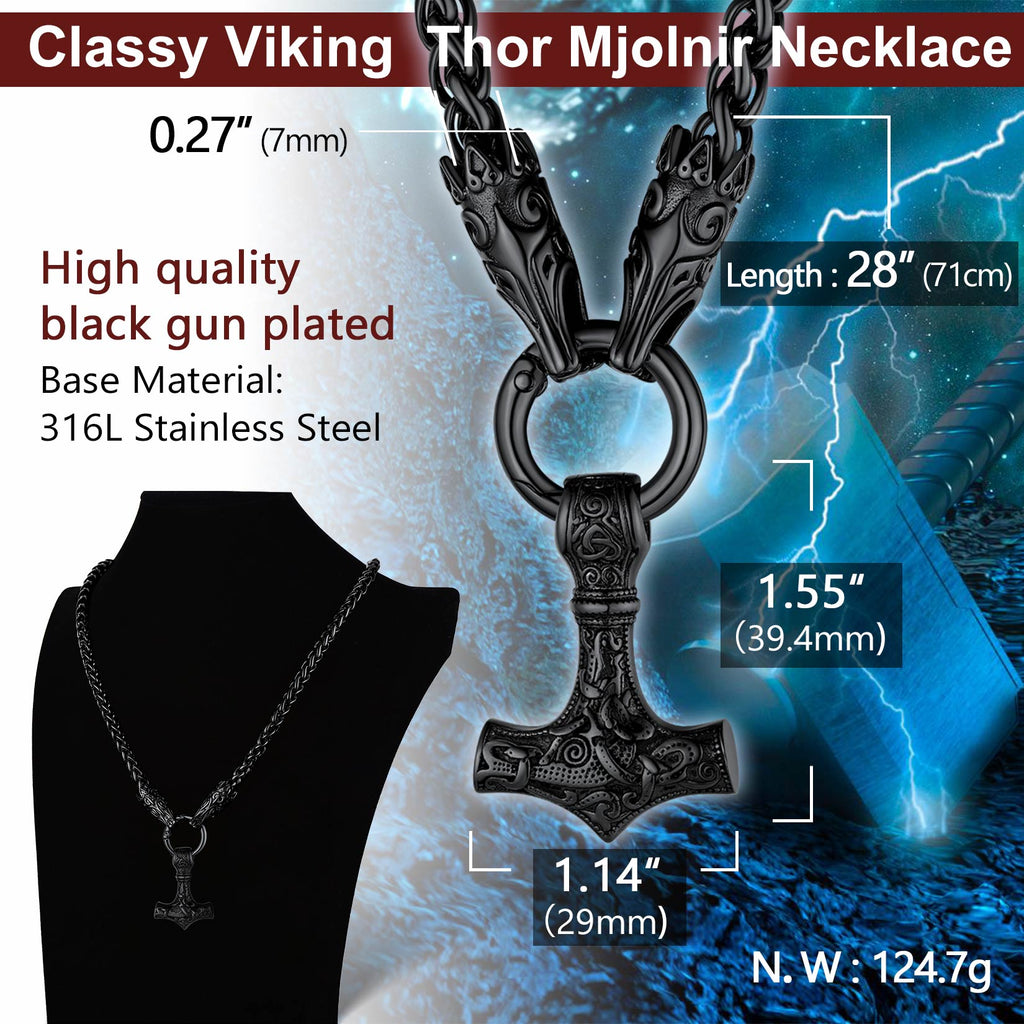 Viking Thor's Hammer Mjolnir Necklace For Men With Wolf Chain