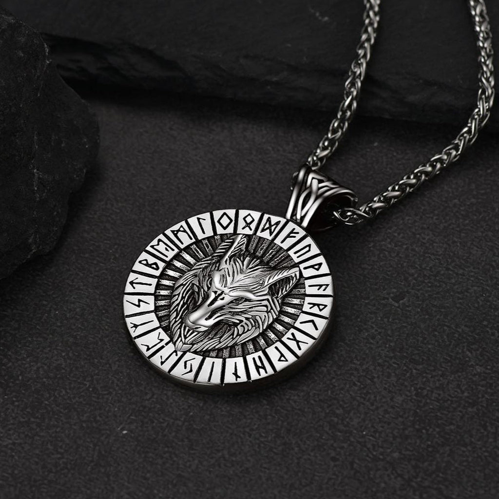 Viking Wolf Medal Necklace With Runes Jewelry For Men