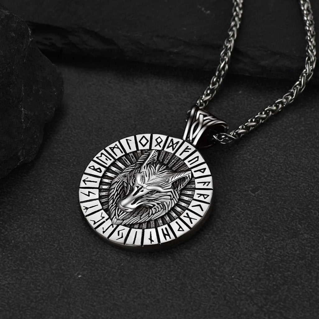 Norse Viking Rune Hoop Earrings & Wolf Medal Necklace Set For Men