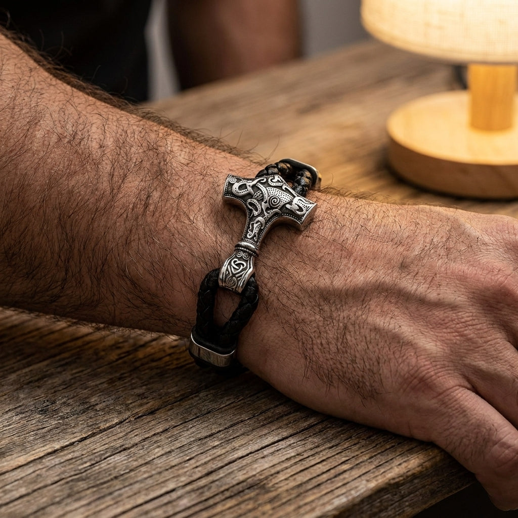 Viking Thor's Hammer Mjolnir Braided Leather Bracelet Gift For Men