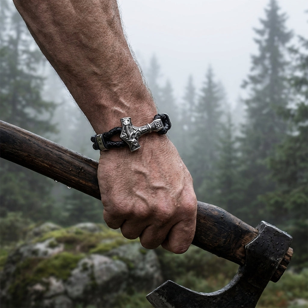 Viking Thor's Hammer Mjolnir Braided Leather Bracelet Gift For Men